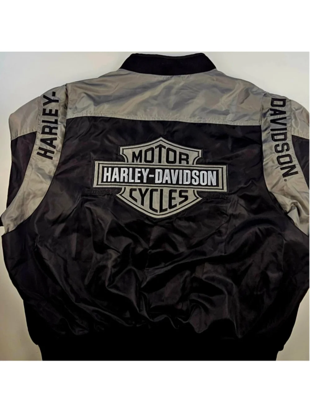 Harley-Davidson Nylon Bomber Jacket Mens Black Gray Embroidered Black 2XL